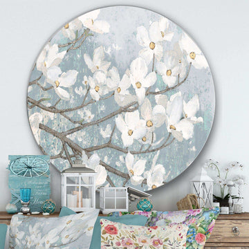 Blue on Grey Blossoms - Cottage Metal Circle Wall Art